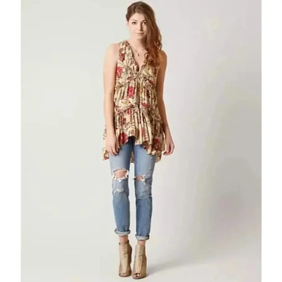 Free People Haze Bird Floral Printed Ruffle Trim Boho Tunic Top Size XS - Picture 13 of 14